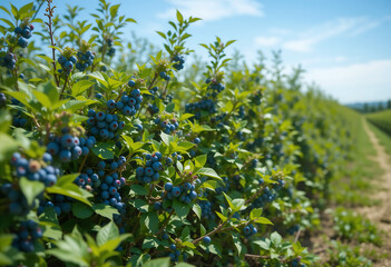 Harvesting ripe blueberries on a sunny day in a lush field