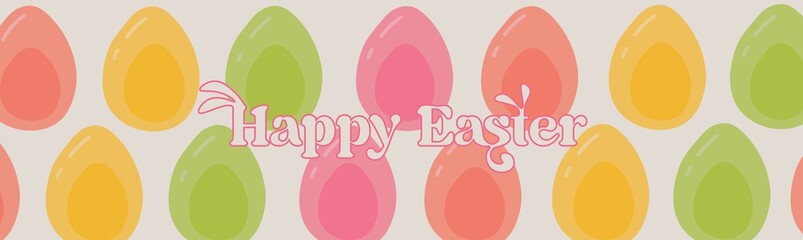 Happy Easter banner. Trendy Easter design with typography, hand painted, colorful easter eggs in pastel colors. Modern minimal style. Horizontal poster, greeting card, header for website