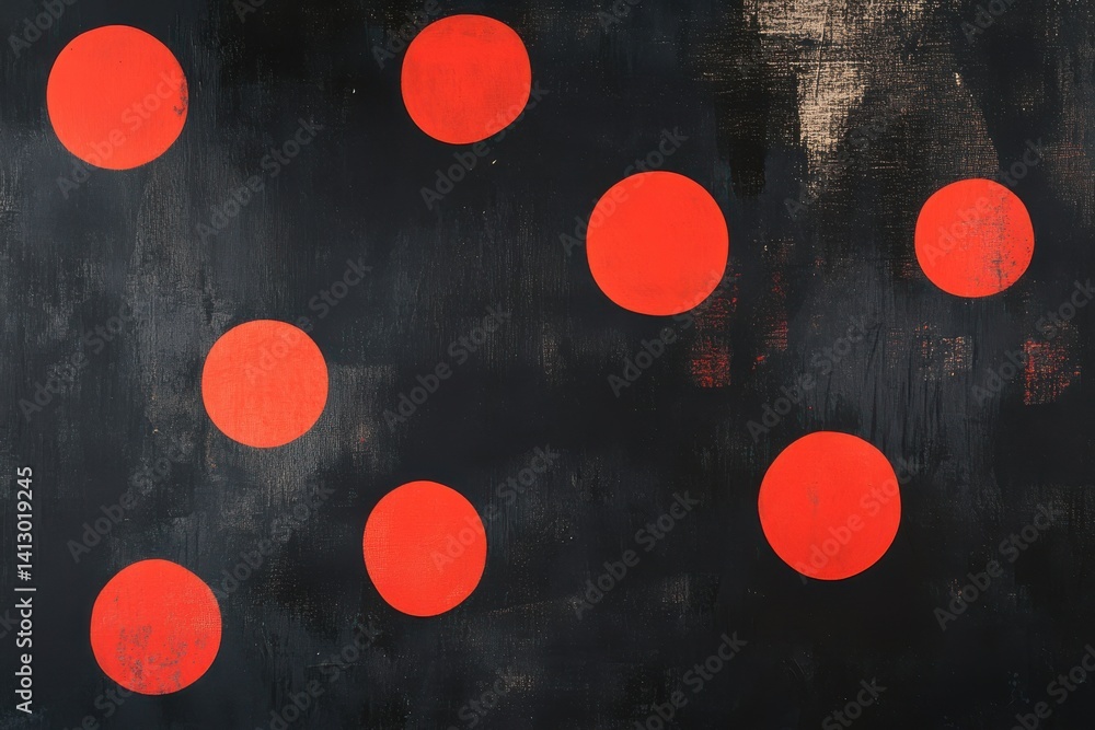 Poster A dark textured background with scattered red circles creating a minimalist abstract visual pattern design