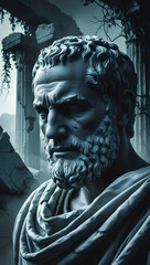 Obraz premium Epic Marble Sculpture of Stoic Thinker – Ruined Columns and Greek Aesthetics 