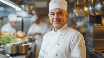 A senior male chef exudes confidence and warmth in a pristine white uniform. He is surrounded by a vibrant kitchen atmosphere, showcasing culinary expertise and hospitality.