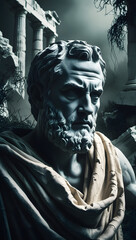 Obraz premium Epic Marble Sculpture of Stoic Thinker – Ruined Columns and Greek Aesthetics 