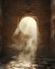 Urban Decay Breakthrough Dramatic Light Streaming Through Large Circular Hole in Abandoned Industrial Brick Wall Architecture Detail