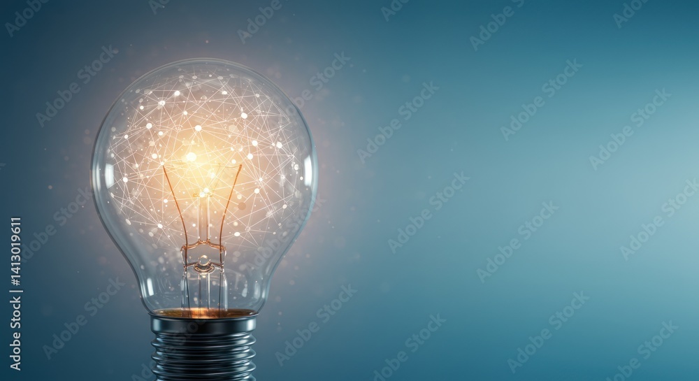 Poster lightbulb with glowing brain inside against a blue gradient background.