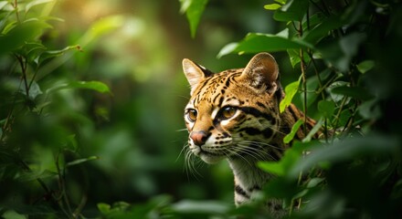Fototapeta premium Ocelot in Lush Jungle Foliage - A striking ocelot peers from behind vibrant green leaves in a dense jungle setting. Its captivating gaze and spotted coat are beautifully highlighted