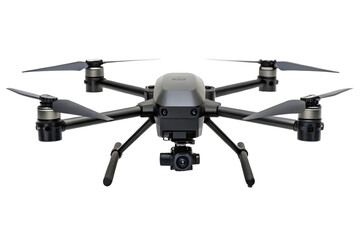 Modern Dark Gray Drone with Blue Lights and Landing Gear Front View.