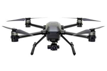 Modern Dark Gray Drone with Blue Lights and Landing Gear Front View.