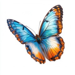 Vibrant Blue and Orange Butterfly in Graceful Flight Against Pure White Background
