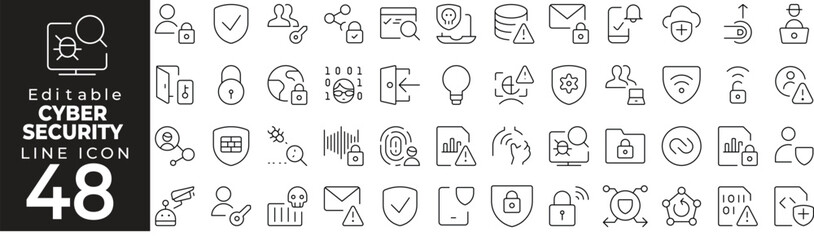 Cybersecurity set of web icons in line style. Collection includes technology, network, hacker, firewall, encryption, privacy, fingerprint, password, protection, attack, lock and more.