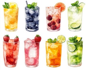 Set of Refreshing Summer Drinks Collection Tropical Paradise Beverage, Watercolor style isolate on white background