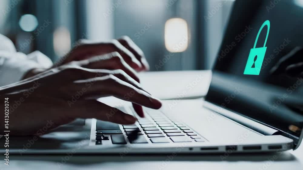 Leinwandbilder programmer typing secure code on laptop with lock icon, highlighting data protection and cybersecuri