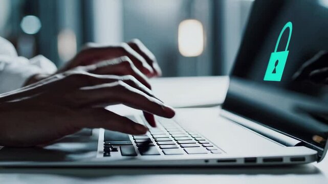 Programmer typing secure code on laptop with lock icon, highlighting data protection and cybersecurity best practices