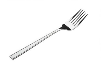 Elegant silver table fork with four tines on a white background