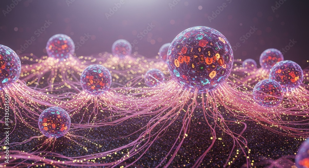 Poster quantum ecosystem: a self-evolving network - interconnected data spheres, glowing tendrils, quantum 