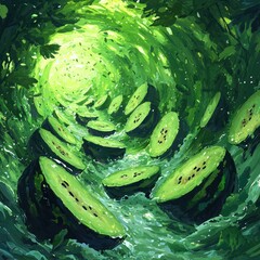 Fototapeta premium A whimsical journey through a verdant stream of sliced kiwi fruit landscape