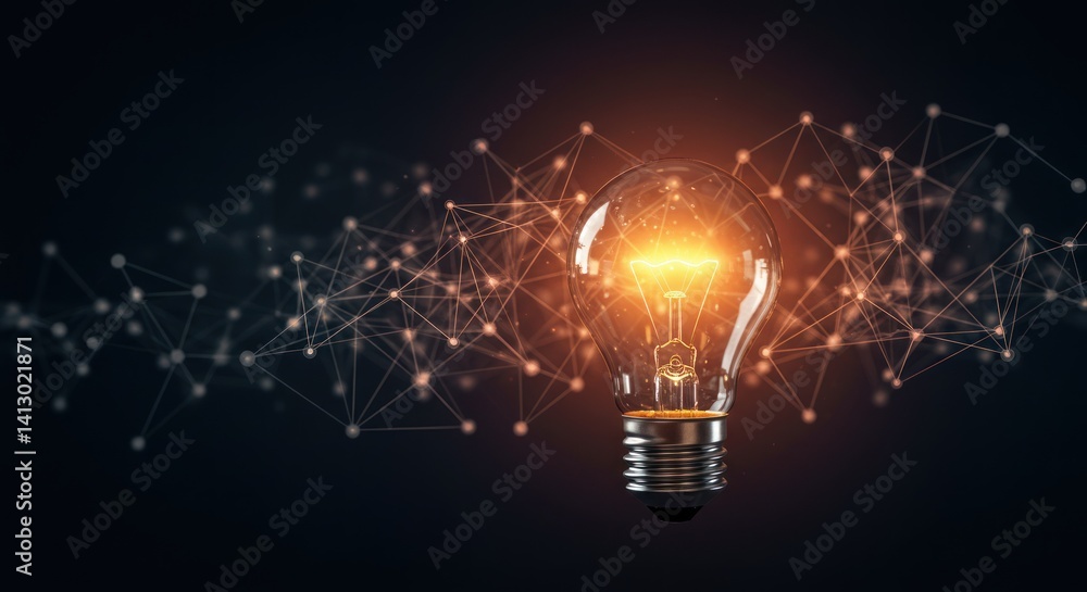 Poster lightbulb glows surrounded by a network of interconnected dots on a dark background.