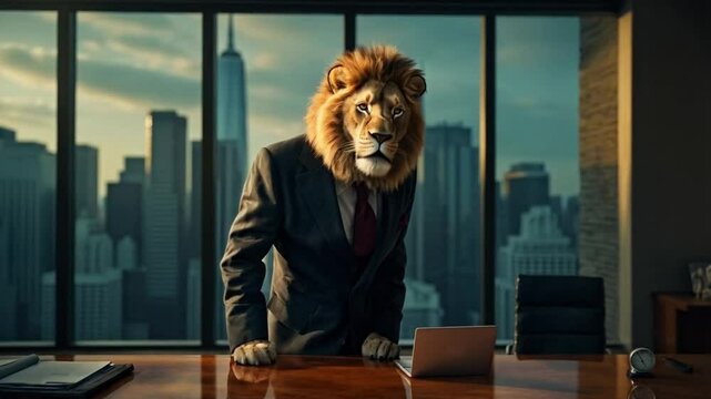 A lion dressed in a suit and tie stands in front of a desk with a laptop
