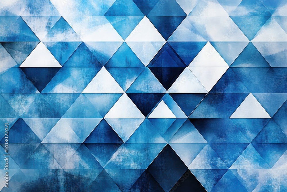 Poster a geometric arrangement of blue and white triangles creating an abstract mosaic pattern background d
