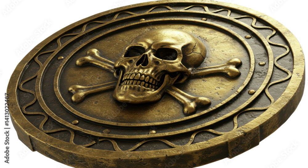 Poster a golden coin with a skull and crossbones emblem in the center on a transparent background