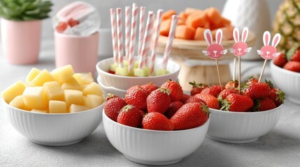 DIY fruit station for Easter brunch with bowls of cubed fruit, mini skewers, and paper bunny toppers for kids to assemble their own treats., copyspace for text - healthy display