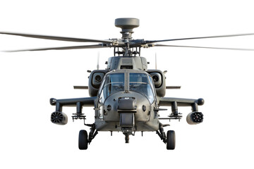 Powerful Military Helicopter with Visible Weaponry and Targeting Systems Frontal Shot.