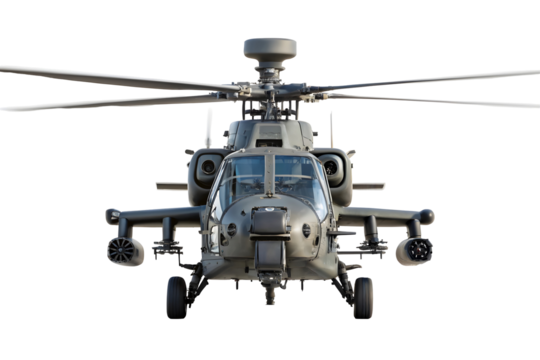 Powerful Military Helicopter with Visible Weaponry and Targeting Systems Frontal Shot.