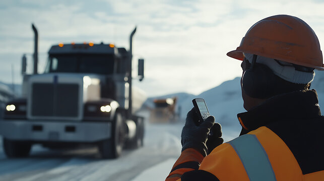 Mine logistics coordinator directing truck flow at a loading zone. Featuring strategy and organization