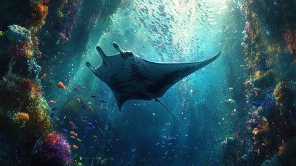 A giant manta ray gliding through the depths, surrounded by schools of fish --ar 16:9 --v 6.1 Job ID: e5b096fc-e765-458b-a0c7-3becb4188756