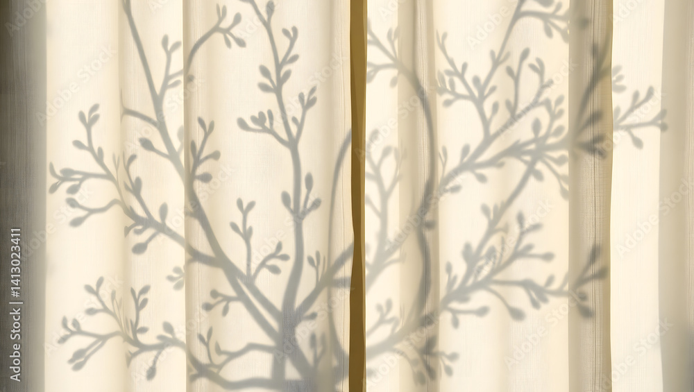 Poster soft morning light filtering through sheer curtains with tree branch design
