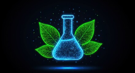 Digital illustration shows a blue flask with green leaves on a dark background.