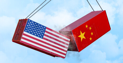 USA China trade conflict. Shipping containers with national flags collide mid-air. Economic tension, global trade war. International sanctions, tariffs, geopolitical rivalry. Export-import crisis, 3D