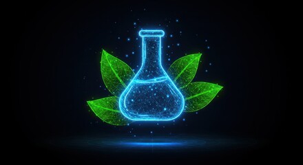 Glowing blue flask with green leaves on a dark background.