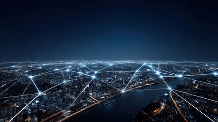 Abstract image of data stream flowing through digital city landscape, ideal for 5G, internet infrastructure, and future network communications, copyspace for text - landscape
