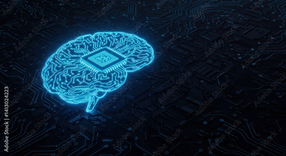 Poster artificial intelligence brain with a microchip inside on a dark circuit background.