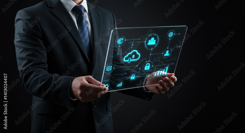 Poster man in suit holding a transparent screen displaying cloud computing icons.