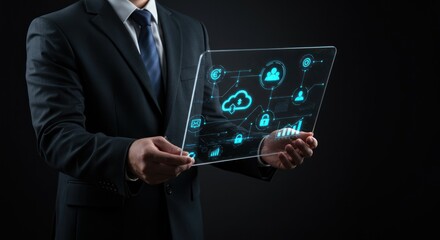 Man in suit holding a transparent screen displaying cloud computing icons.