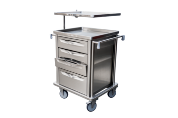 Gleaming Stainless Steel: A Medical Cart Ready for Action, Offering Organization, Mobility, and a Clean, Professional Look in Healthcare Environments.