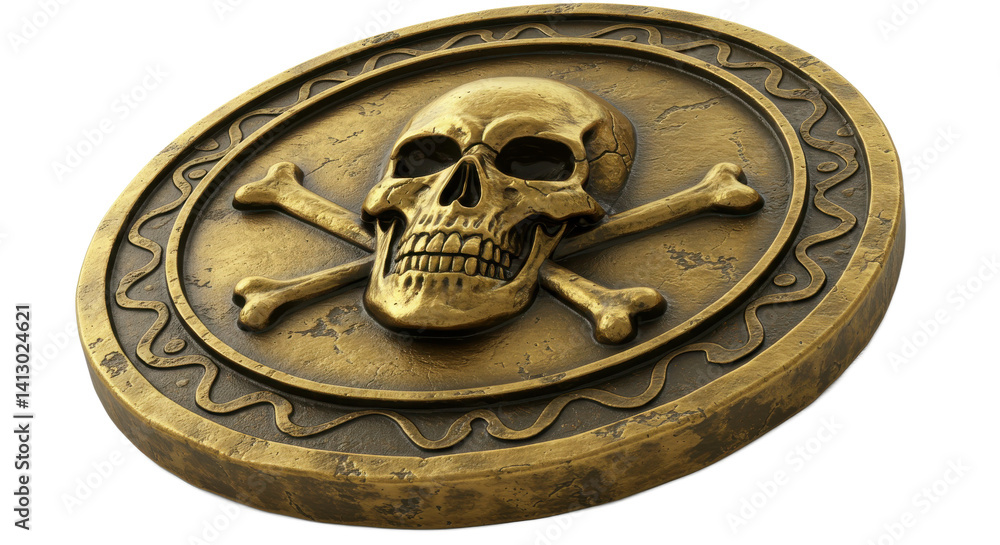 Poster a golden skull and crossbones emblem on a round coin with an ornate border design on a black backgro