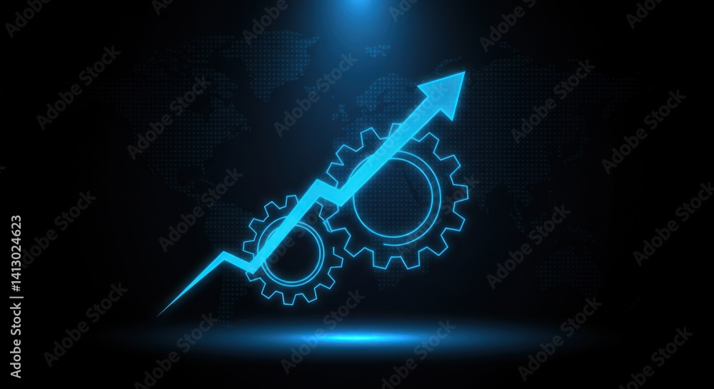 Poster blue arrow points upward with gears on a dark background indicating progress.