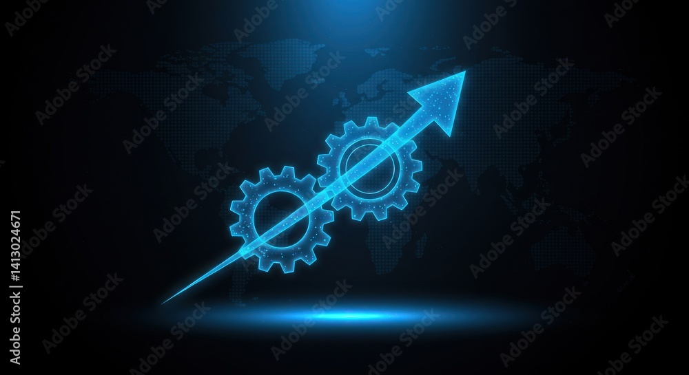 Poster two gears with an arrow pointing upwards on a dark background.