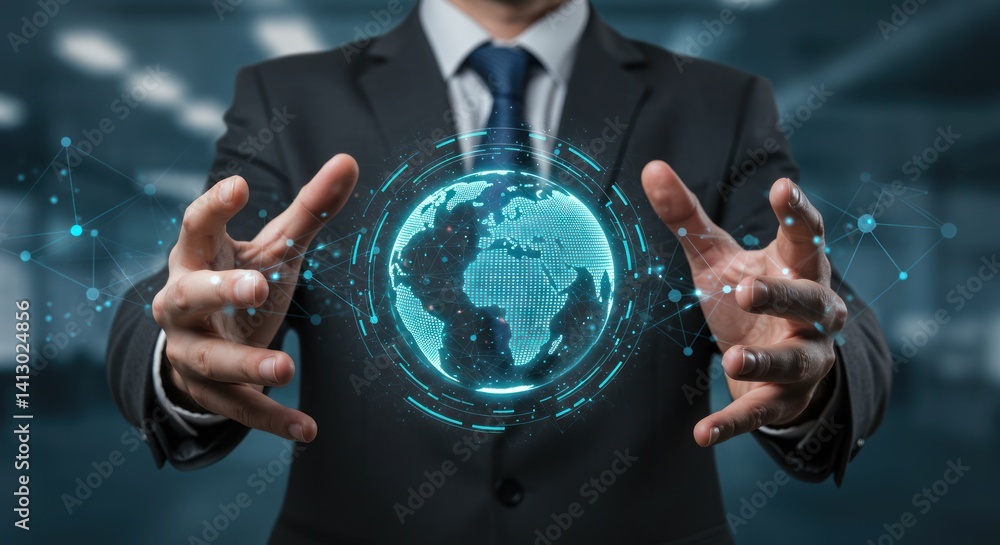 Poster man in suit holds digital globe with interconnected network lines in his hands.