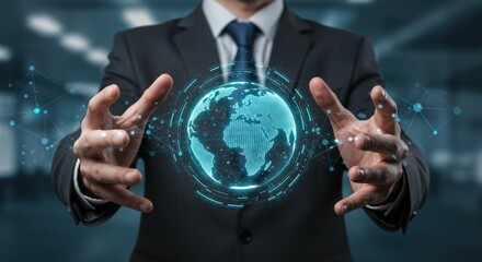 Man in suit holds digital globe with interconnected network lines in his hands.