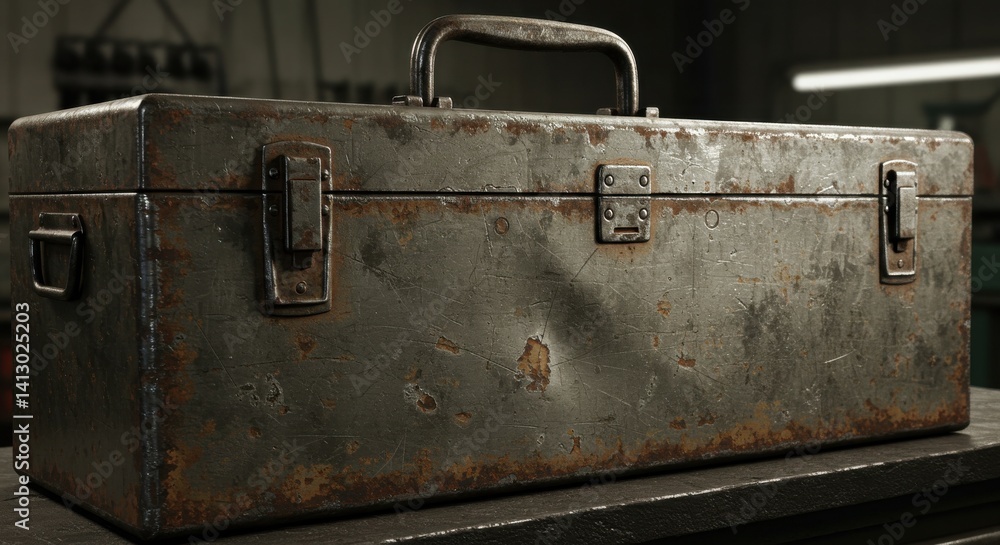 Poster close up of weathered metal toolbox with rust and worn details