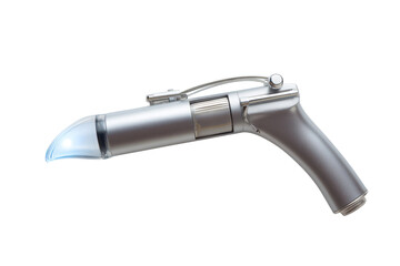 Futuristic Healing: A Silver Medical Device Illuminates with Blue Light, Promising Advanced Healthcare Solutions on a Clean Black Backdrop.