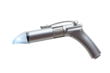 Futuristic Healing: A Silver Medical Device Illuminates with Blue Light, Promising Advanced Healthcare Solutions on a Clean Black Backdrop.