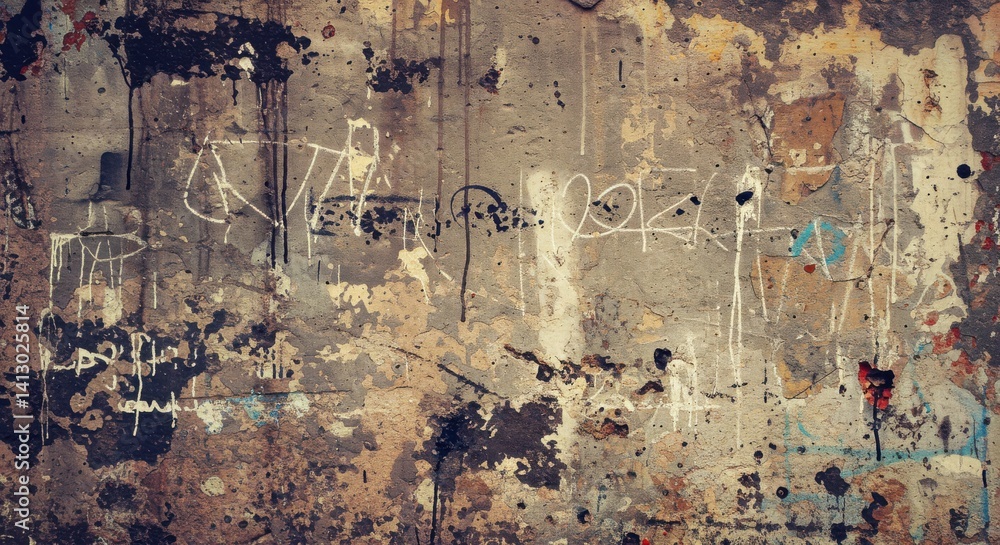 Aufkleber Grunge wall with graffiti and splatters creating an abstract texture