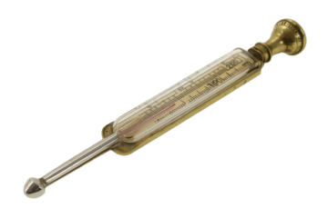 A Nostalgic Glance at Antique Science: A Detailed Look at a Vintage Metal and Glass Thermometer, Reminiscent of a Bygone Era of Scientific Exploration.