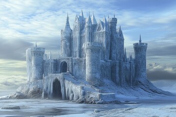 Majestic ice castle stands tall against a cloudy winter sky at twilight