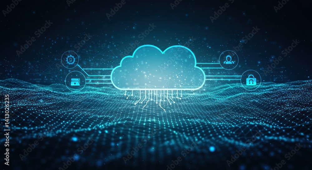 Poster cloud computing concept with digital data stream and network connections in blue.