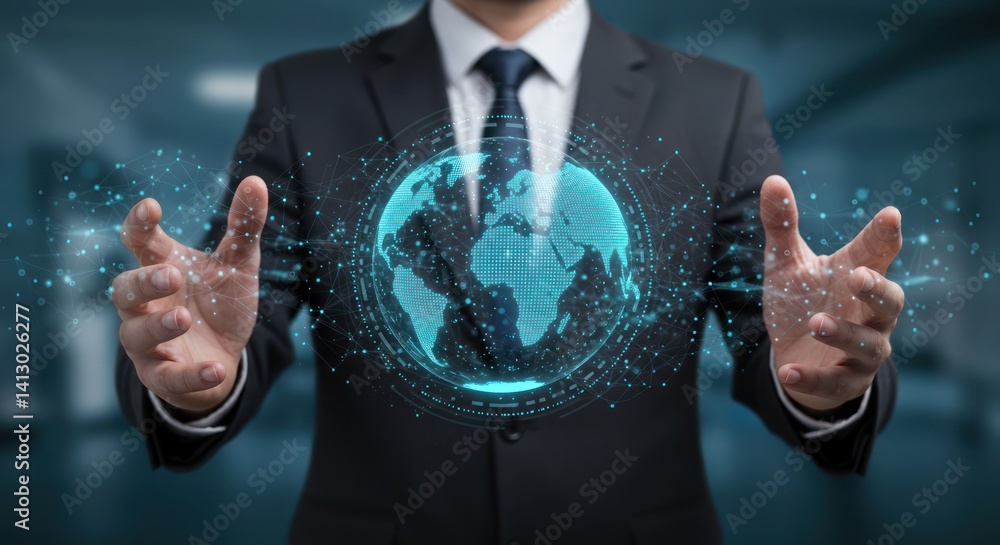 Poster man in suit holds holographic globe concept representing global network or technology.